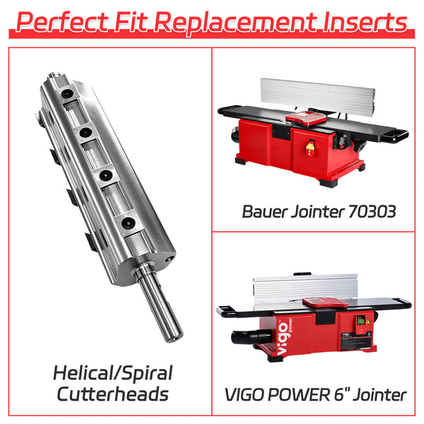A product listing graphic showing a silver metal helical cutterhead insert alongside two red jointers labeled Bauer Jointer 70303 and VIGO POWER 6" Jointer, with the headline 'Perfect Fit Replacement Inserts' at the top.|card