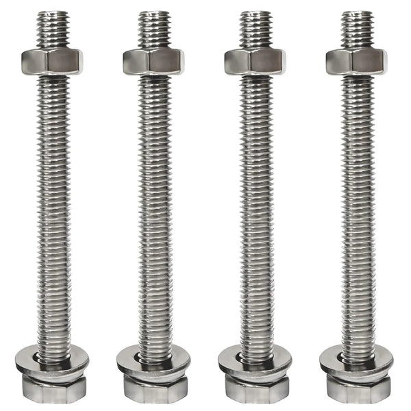Four metal screws with hex nuts on a white background|card