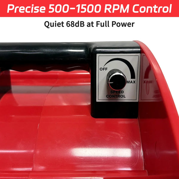 Red machine with a speed control panel labeled 'Precise 500-1500 RPM Control' and 'Quiet 68dB at Full Power'.|card