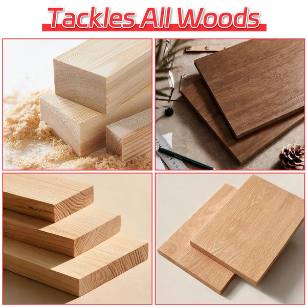 Collage of wooden blocks and planks with text 'Tackles All Woods' at the top.|card