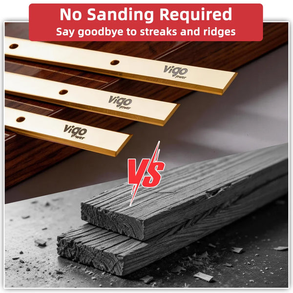 Vigo power blades with text 'No Sanding Required' on a wooden background|card