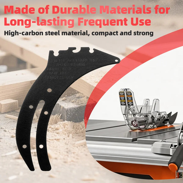 Black metal tool blade with text about durable materials and a circular inset showing a machine.|card