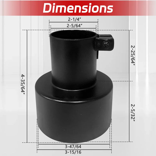 Black metal fitting with dimensions labeled on a white background|card