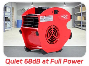 Red industrial fan with 'Viro' branding in a warehouse setting, featuring text about noise level.｜mobile