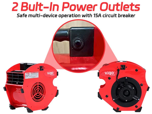Red air mover with 2 built-in power outlets and 15A circuit breaker on a white background.｜mobile