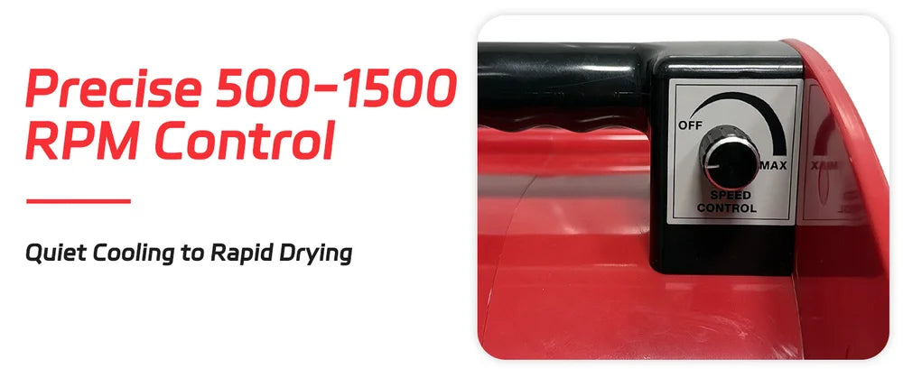 Red machine with RPM control knob and text about RPM range and features.｜desktop