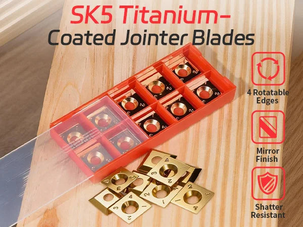 SK5 Titanium-Coated Jointer Blades in a red box on a wooden surface｜mobile