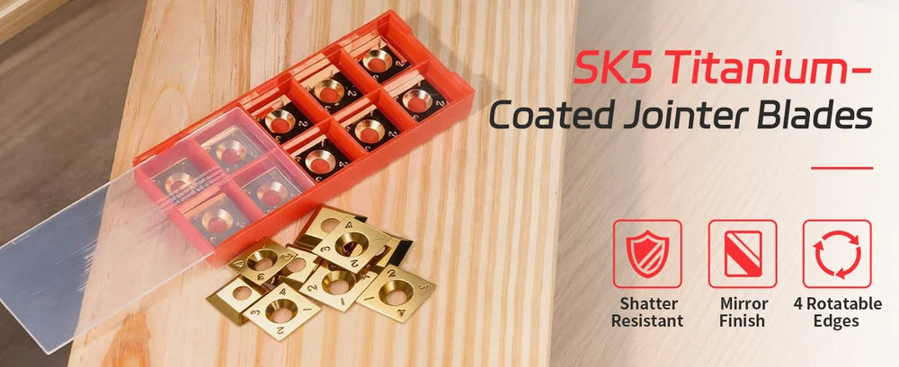 Set of SK5 Titanium-Coated Jointer Blades in a red case on a wooden surface.｜desktop