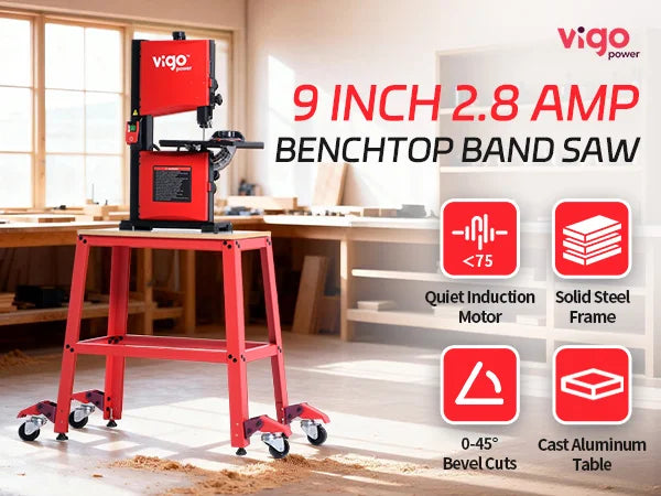 9 inch 2.8 amp benchtop band saw with Vigo branding in a workshop setting｜mobile