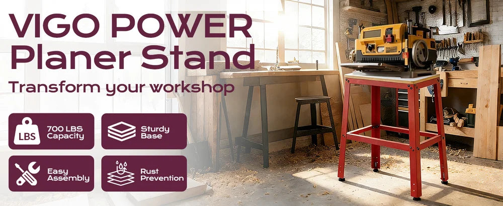 Vigo Power Planer Stand advertisement with workshop background｜desktop