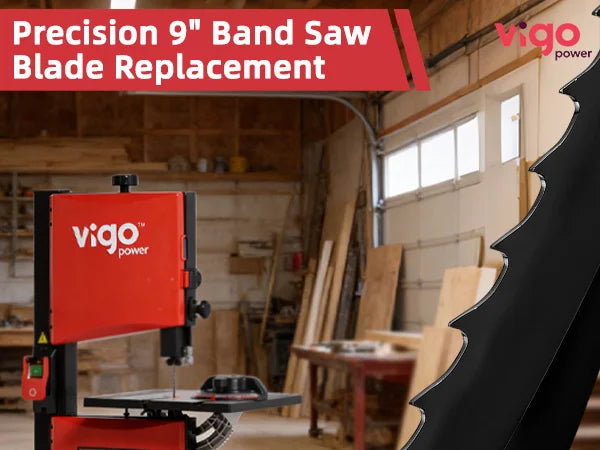 Vigo Power band saw with a close-up of a band saw blade in a workshop setting.｜mobile