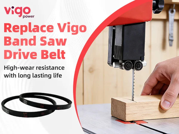 Vigo Power band saw with a hand holding a wooden block and two replacement belts on a white background.｜mobile