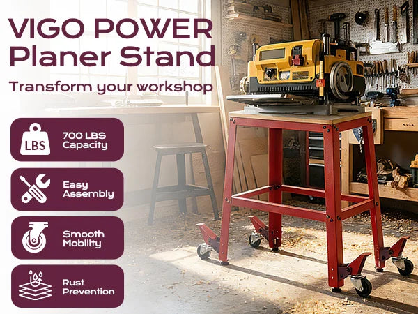 Red Vigo Power Planer Stand in a workshop with product features highlighted.｜mobile