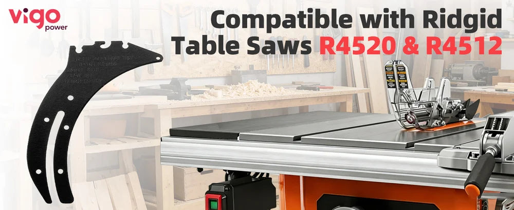 Table saw with accessories on a blurred workshop background, featuring Vigo Power branding.｜desktop