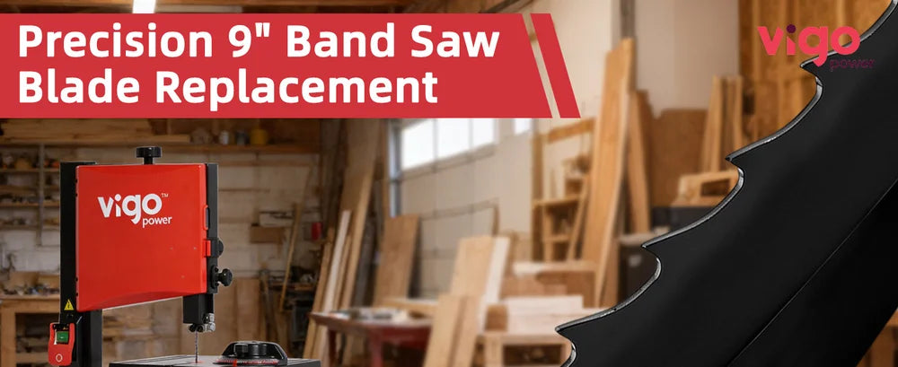 Vigo band saw with a close-up of a band saw blade in a workshop setting｜desktop
