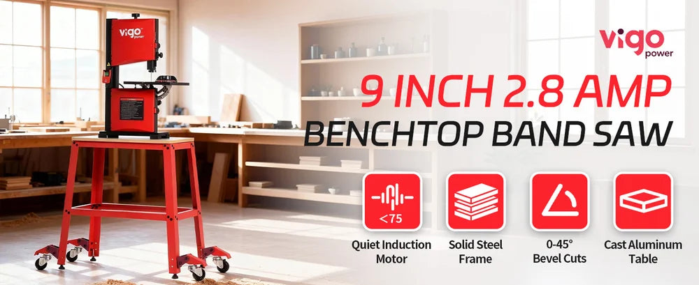 Red benchtop band saw with Vigo Power branding in a workshop setting｜desktop