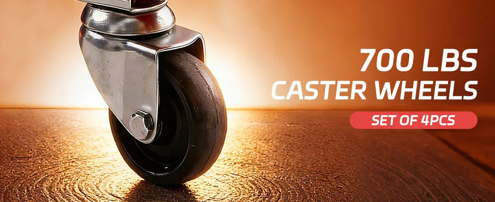 Caster wheel with metallic brake on a wooden surface, featuring text about weight capacity and quantity.｜desktop