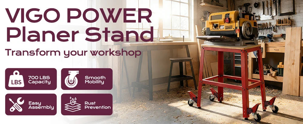 Vigo Power Planer Stand advertisement with workshop background｜desktop