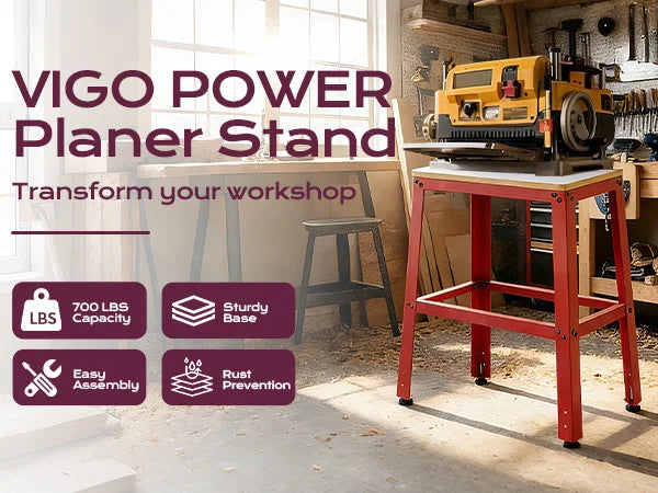 Red Vigo Power Planer Stand in a workshop with text highlighting features.｜mobile