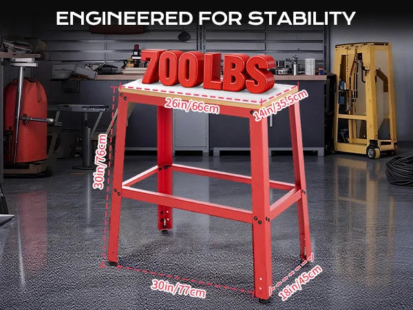 Red workbench with '700LBS' capacity label in a workshop setting｜mobile