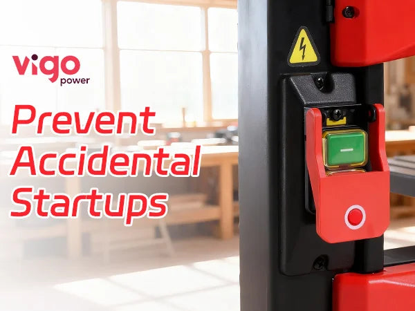 Red and black device with a green button and warning label, featuring the Vigo Power brand.｜mobile