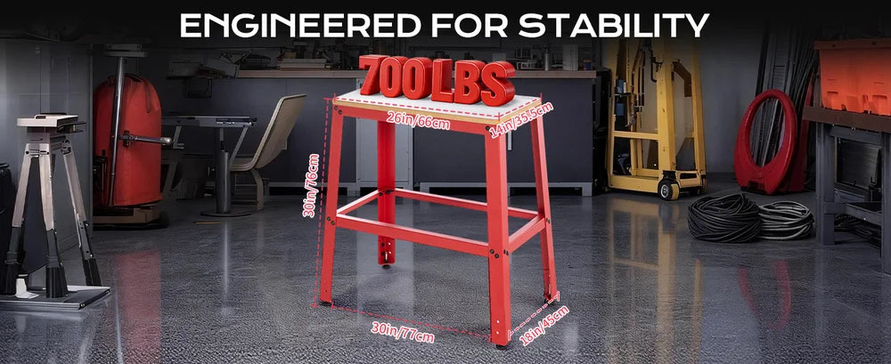 Red stool with '700 LBS' capacity label in a workshop setting, featuring text 'Engineered for Stability'.｜desktop