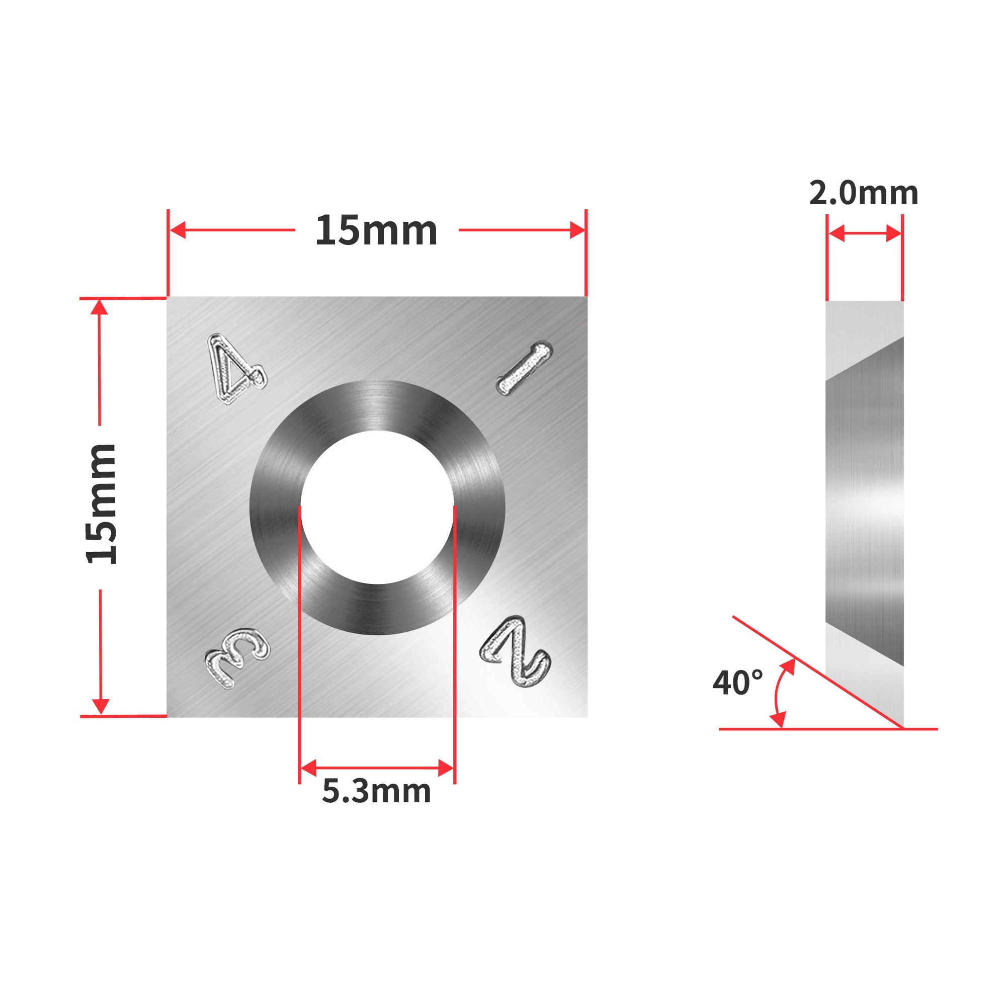 15x15x2.0mm-40° Square Carbide Inserts Cutters Knives Blades for Bauer 70303 & 6" Jointer Spiral Helical Planer Cutterhead, 4-Sided Indexable Replacement, 10 Pack