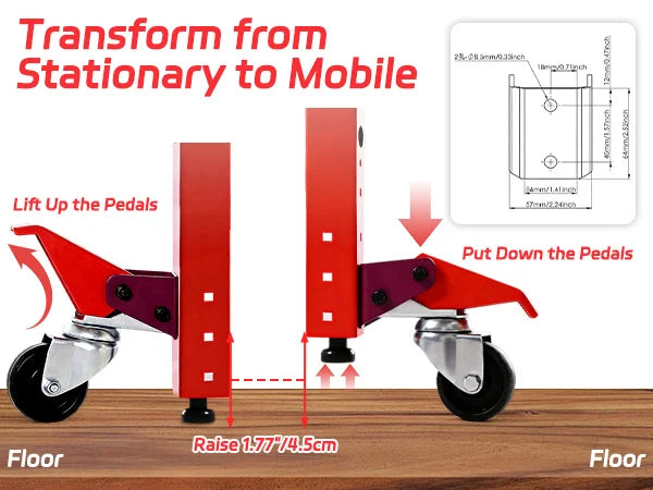 Red device with pedals transforming a stationary object into a mobile one, showing assembly steps and dimensions.｜mobile