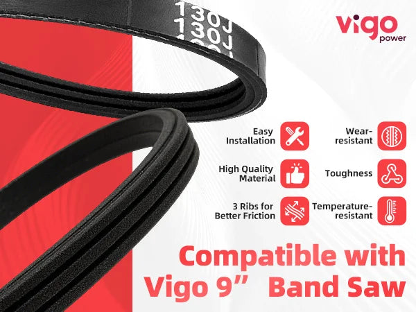 Black belt with Vigo Power branding and product features on a red and white background｜mobile