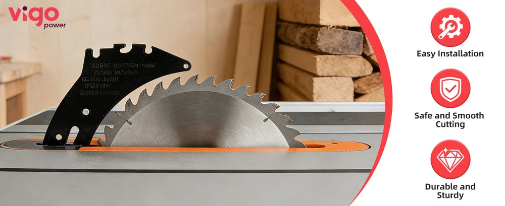 Circular saw blade on a table with wooden planks in the background, featuring Vigo Power branding.｜desktop