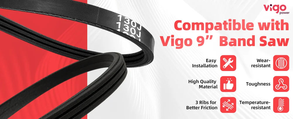 Black V-shaped belt with text indicating compatibility with Vigo 9-inch band saw on a white background.｜desktop