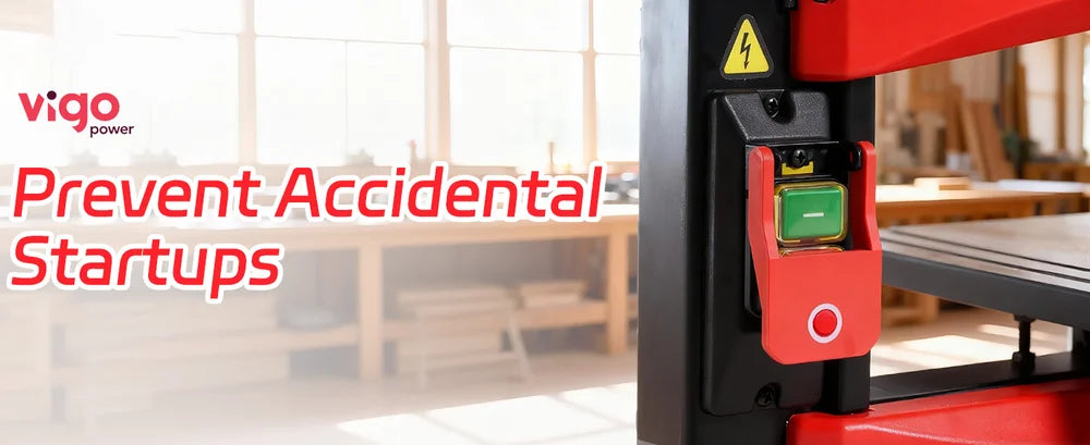 Control panel with safety switch and warning label on a machine, with 'vigo power' branding and text 'Prevent Accidental Startups'.｜desktop