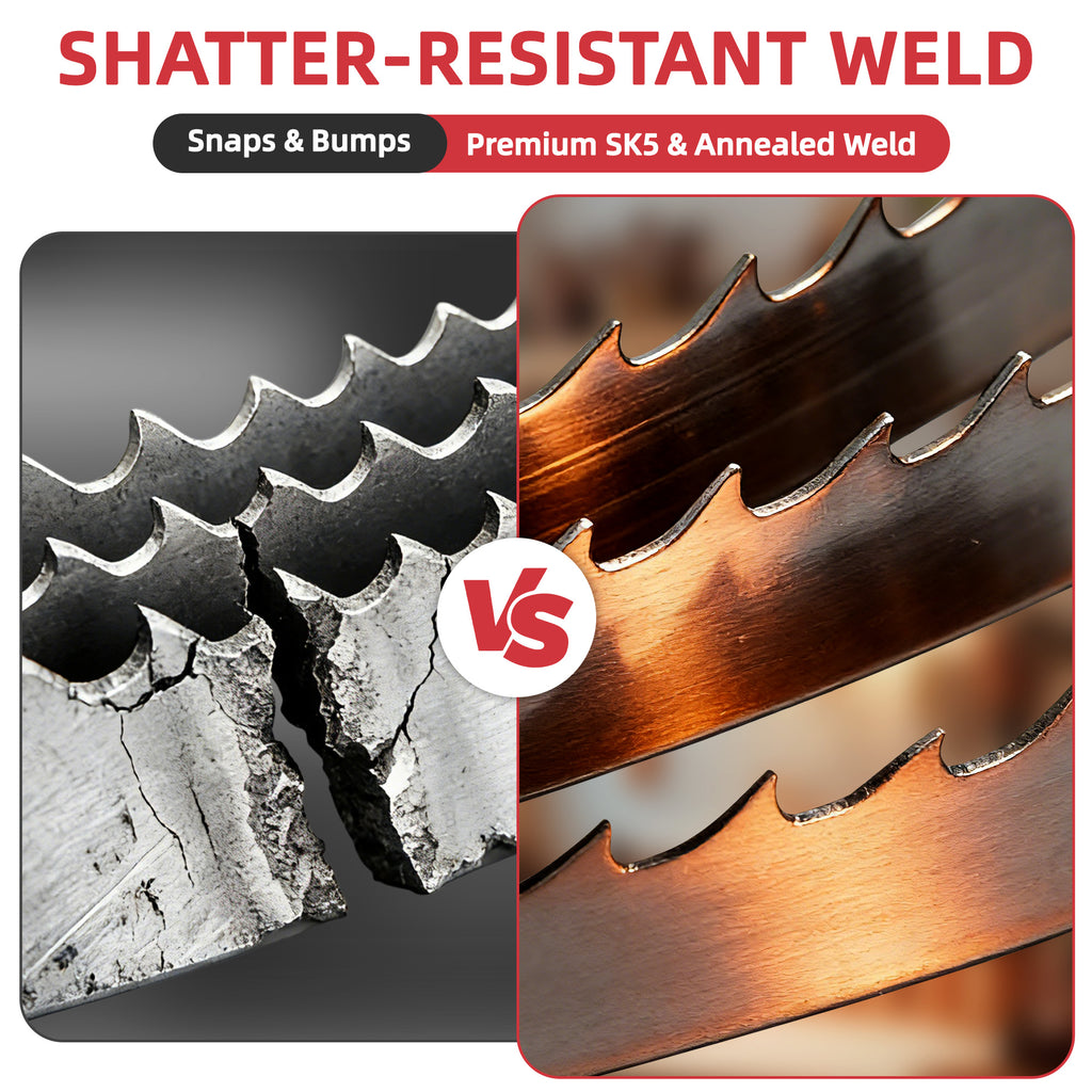 Comparison of shatter-resistant weld with a cracked material on one side and a welded metal on the other, featuring the brand logo.｜card