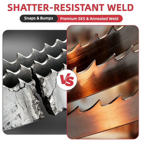 Comparison of shatter-resistant weld with a cracked material on one side and a welded metal on the other, featuring the brand logo.｜card