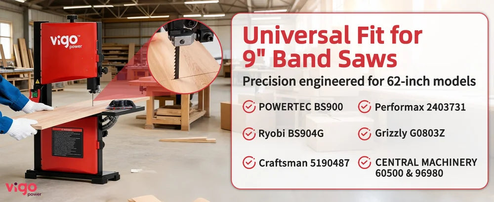Vigo band saw with a list of compatible band saw models in a workshop setting｜desktop