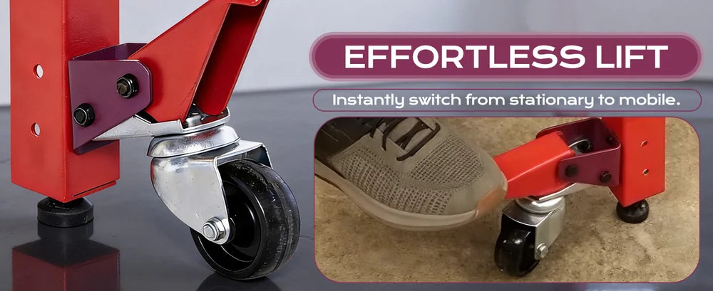 Red lifting device with wheels and text 'Effortless Lift' on a gray background.｜desktop