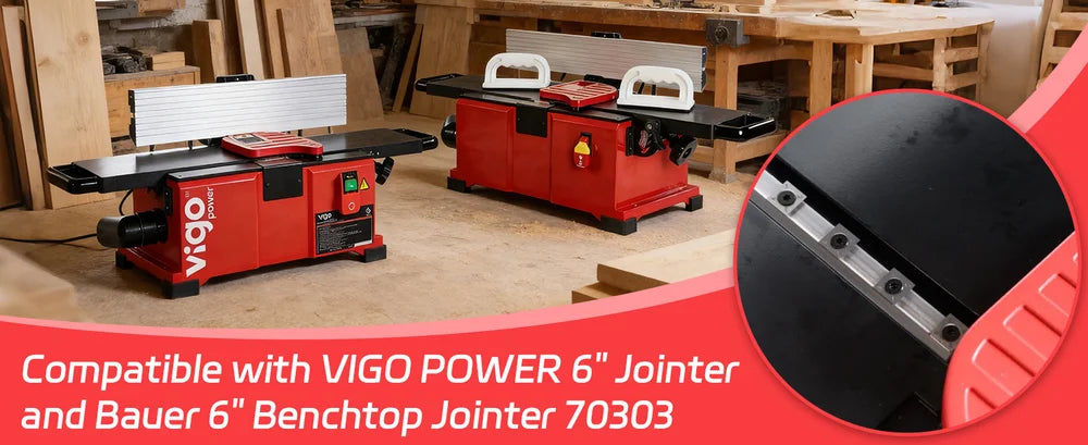 Red jointer machine with VIGO branding in a workshop setting｜desktop