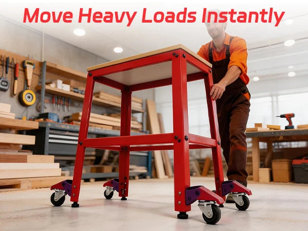 Red work table with wheels being pushed by a person in a workshop setting.｜mobile