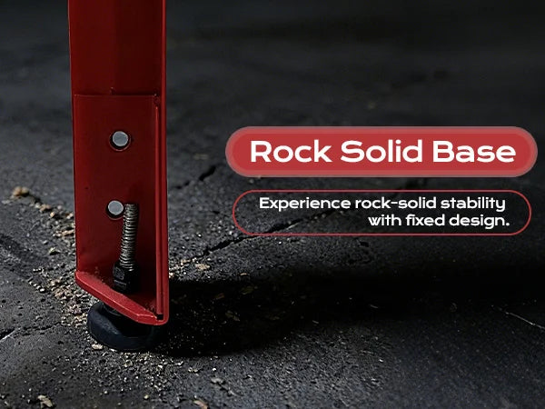 Red metal base with screws on a dark surface, featuring text about rock-solid stability.｜mobile