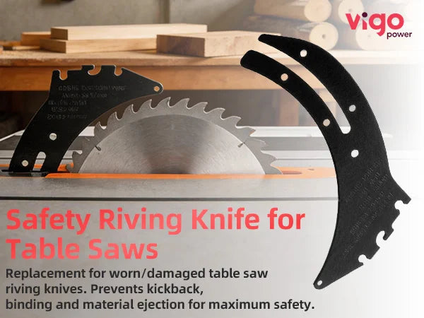 Safety riving knife for table saws with Vigo Power branding on a workshop background.｜mobile