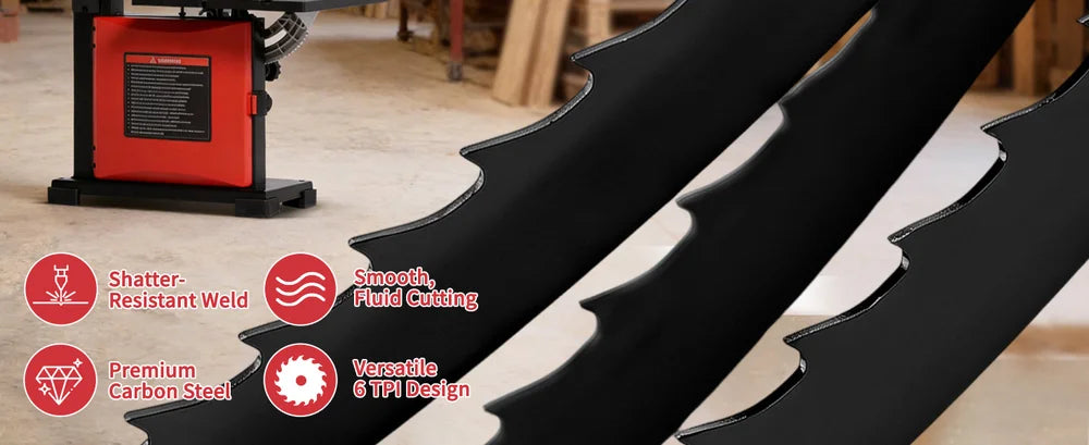 Black metal blade with product features on a wooden floor｜desktop