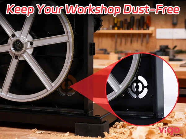 Dust collector in a workshop with text 'Keep Your Workshop Dust-Free' and Vigor Power logo.｜mobile