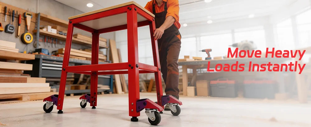 Red step stool with wheels in a workshop setting, with text 'Move Heavy Loads Instantly'.｜desktop