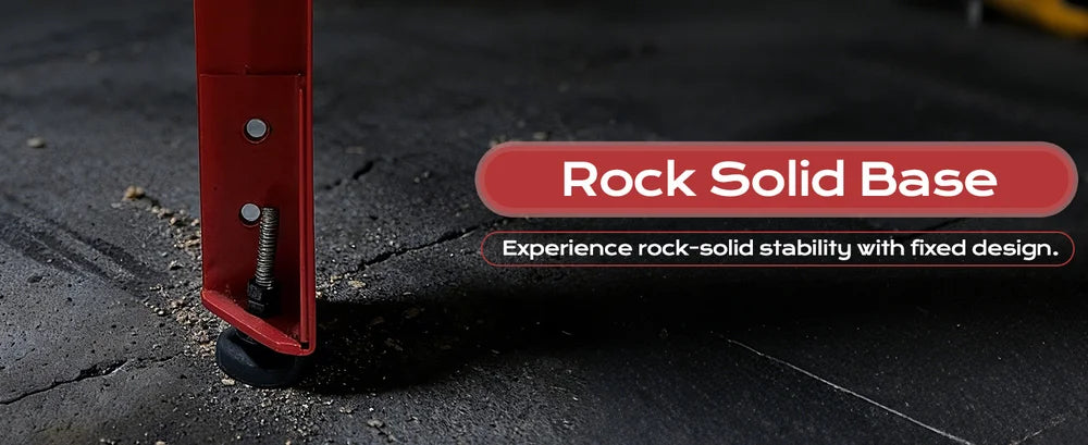 Red tool with a label 'Rock Solid Base' on a dark surface｜desktop