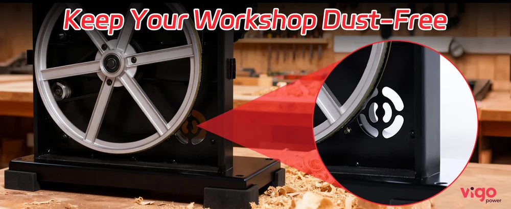 Dust collector machine in a workshop with text 'Keep Your Workshop Dust-Free' and Vigo Power branding.｜desktop
