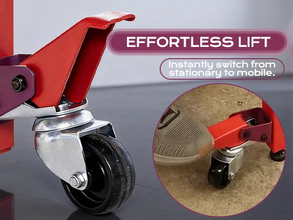 Red and silver caster wheel with 'Effortless Lift' feature text on a gray background.｜mobile