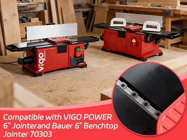 Red jointer machine with VIGO POWER branding in a workshop setting.｜mobile