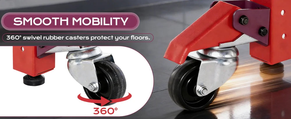 Red equipment with 360-degree swivel wheels on a gray surface, emphasizing smooth mobility.｜desktop