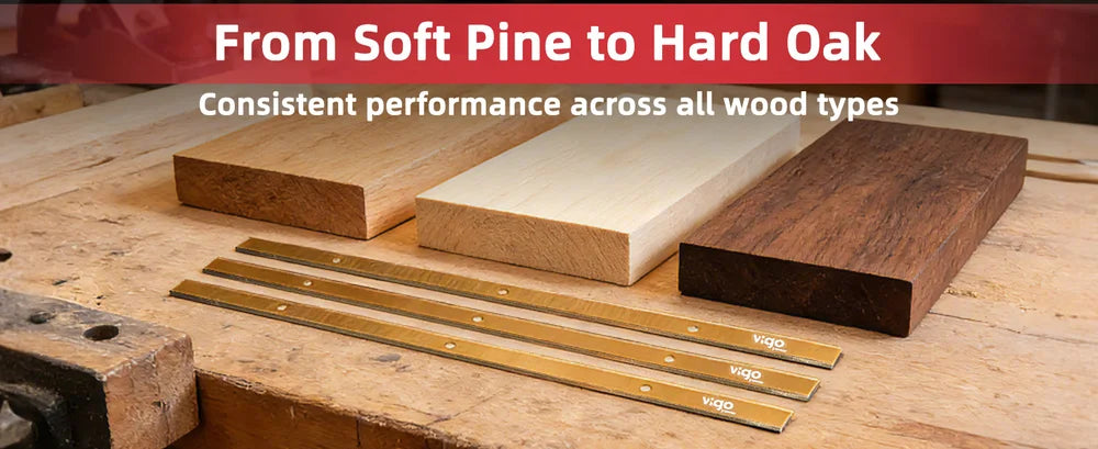 Wood samples and tools on a workbench with text about wood types.｜desktop