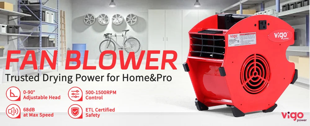 Red fan blower on a white background, featuring text about drying power.｜desktop